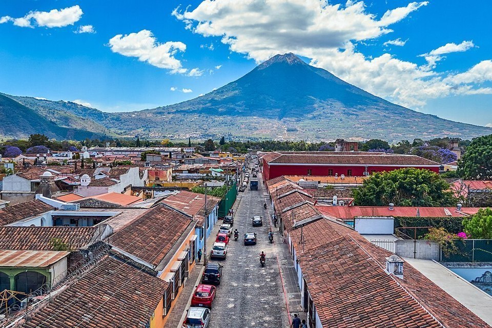 Antigua Guatemala rooftops with Agua Volcano in the background