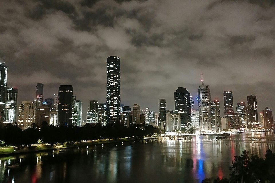Brisbane city skyline and river at night from Kangaroo Point