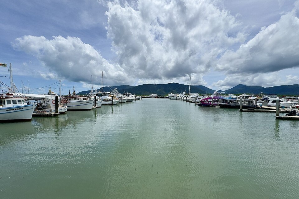 Boats in Cairns Marlin Marina with mountains beyond