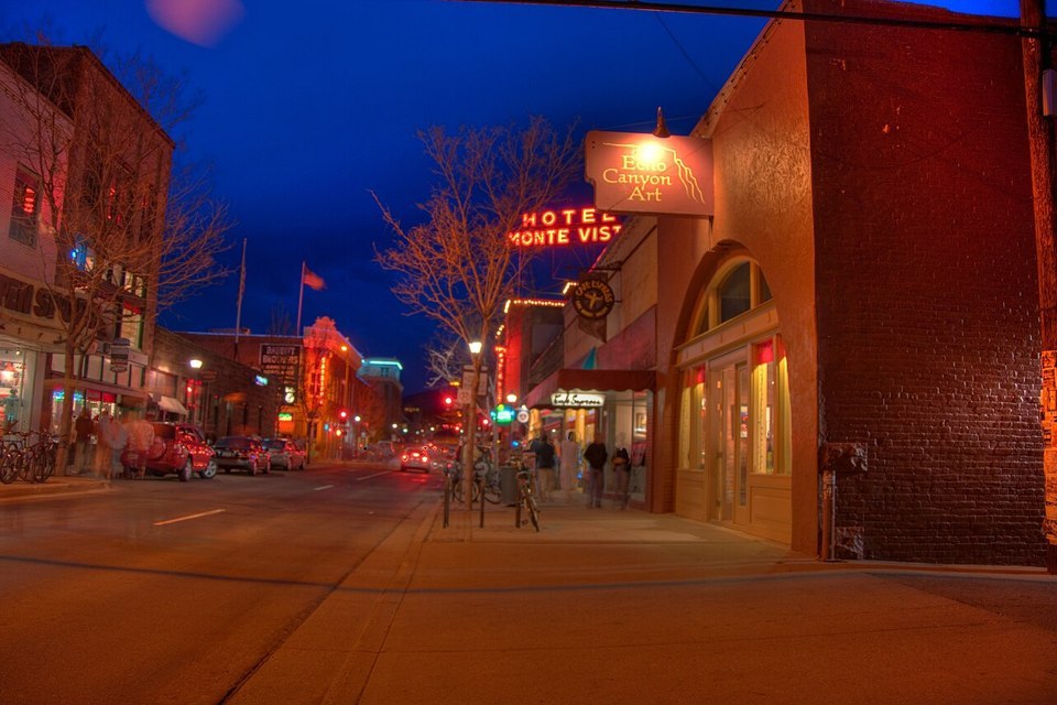 Downtown Flagstaff and the Hotel Monte Vista at dusk