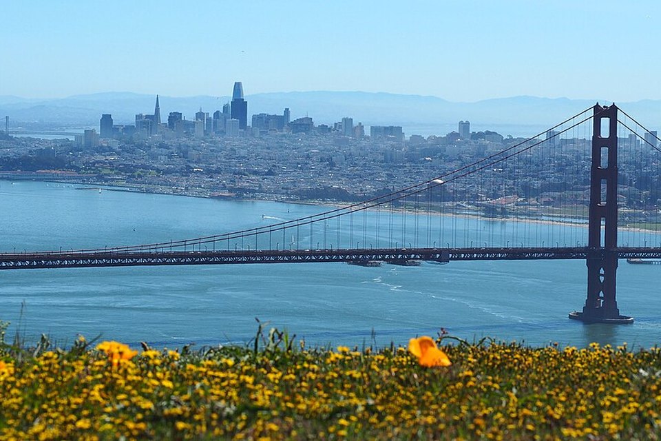 Golden Gate Bridge and San Francisco skyline seen from the Marin Headlands